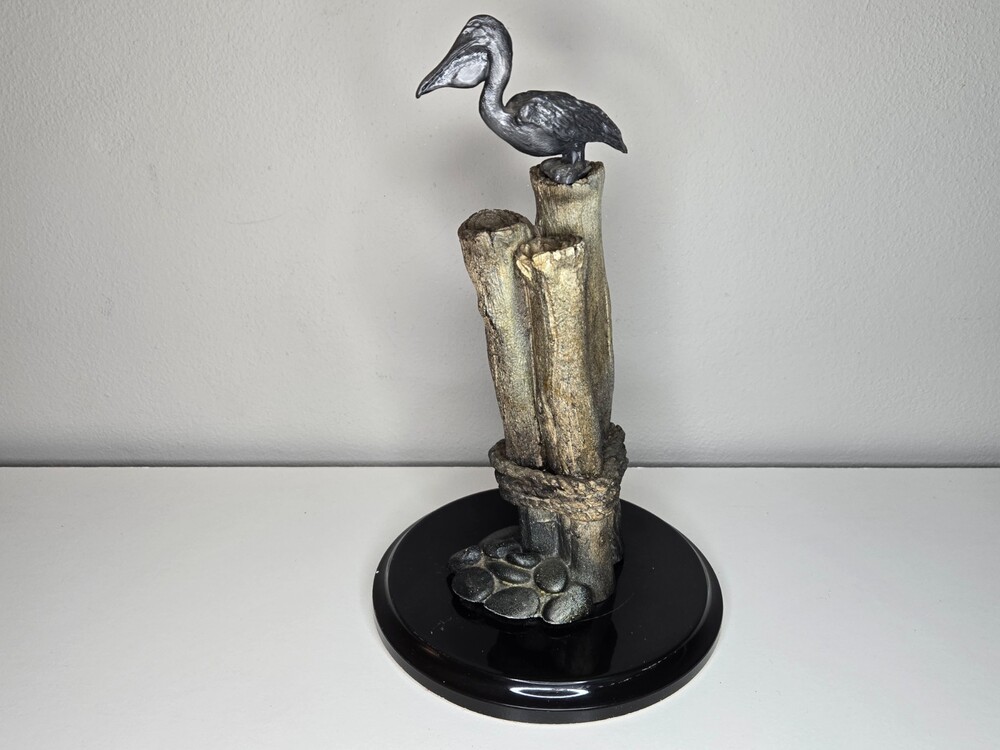 Vintage 1974 Marvin Wernick Co. Pewter Sculpture ~ Pelican on Dock Side Posts